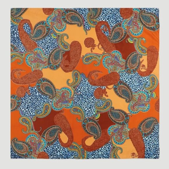 2/$30 Rich Design of Paisley Pattern Orange & Blue Silk Printed Fashion Scarf - Picture 3 of 9